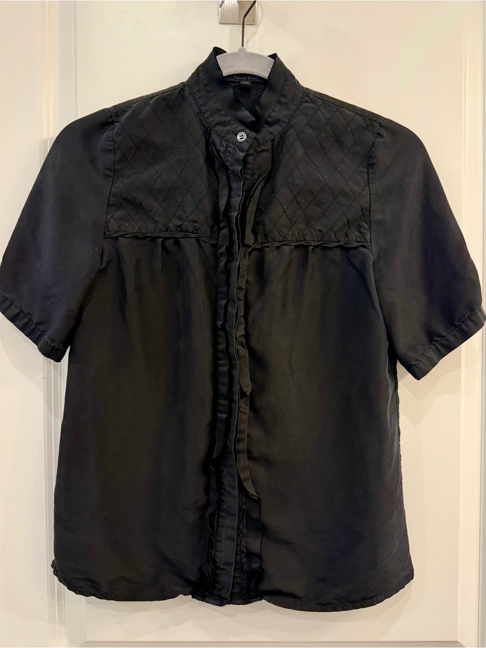 Black Short-Sleeve Silk Button-Up Shirt with Quilted Yoke by Alice Ritter
